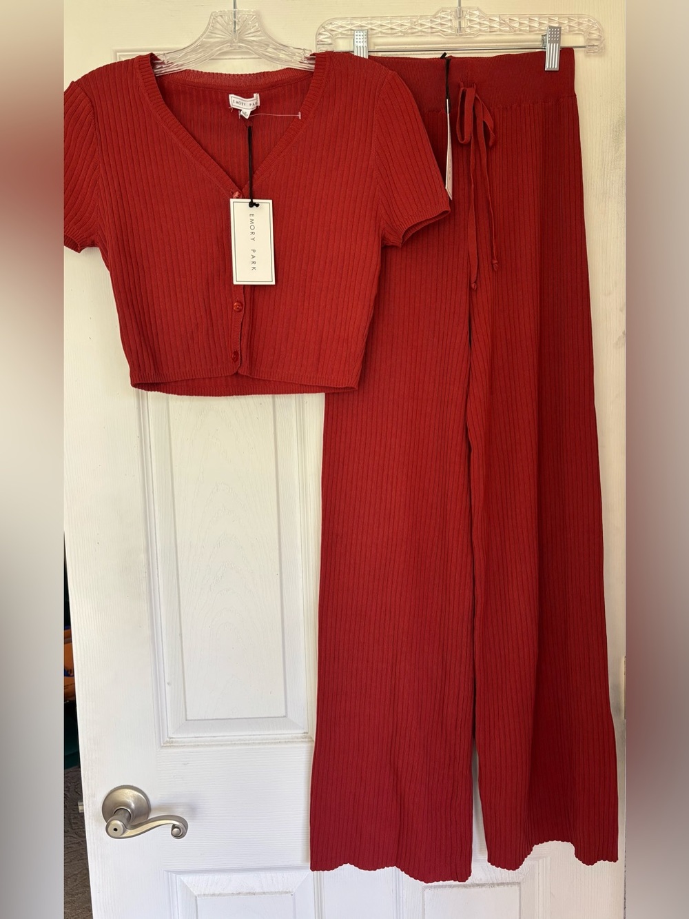 emory park Red Ribbed Two-Piece Lounge Set
